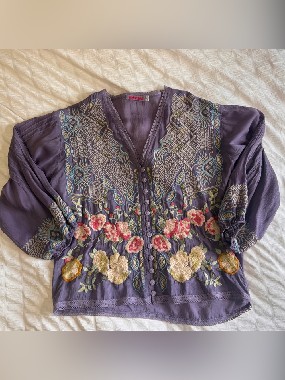 Johnny Was XS Embroidered Floral Purple Boho Blouse summer beachy